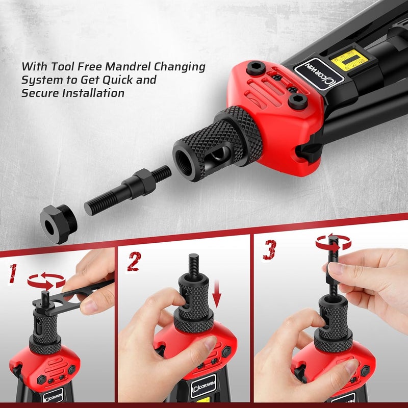 CORWIN Store 16" Rivet Nut Gun with Stroke Adjustment - 19mandrels: 15 Metric and SAE Mandrels (M3-M12 & to 1/2") + 4 Pieces #10-24 Mandrels - 200 Threaded Nuts (100 Each) in Storage Boxes - Image 4